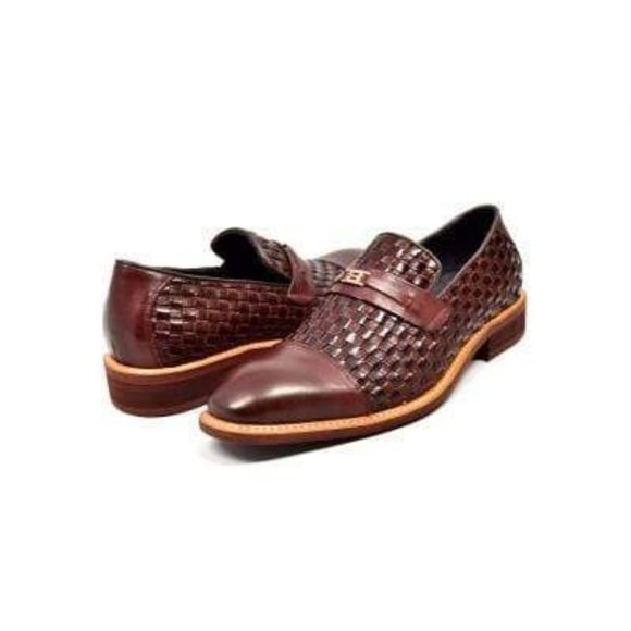 British Walkers Azure Men's Brown Woven Leather Slip On Dress Shoes - Picture 1 of 8